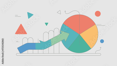 Abstract illustration of a colorful pie chart and upward trending arrow symbolizing growth and data analysis on a light gray background