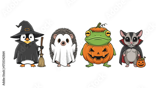 Halloween Animal Characters : An adorable set of Halloween animal illustrations in their unique costumes, featuring penguin witch, hedgehog ghost, frog pumpkin, and sugar glider vampire. 