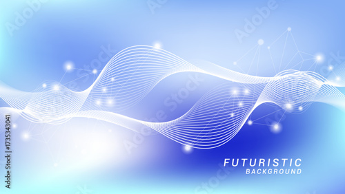 Abstract background of future technology concept. Gradient blue background with shining wave and plexus lines ornament. Design for presentation, banner, poster science and technology background.