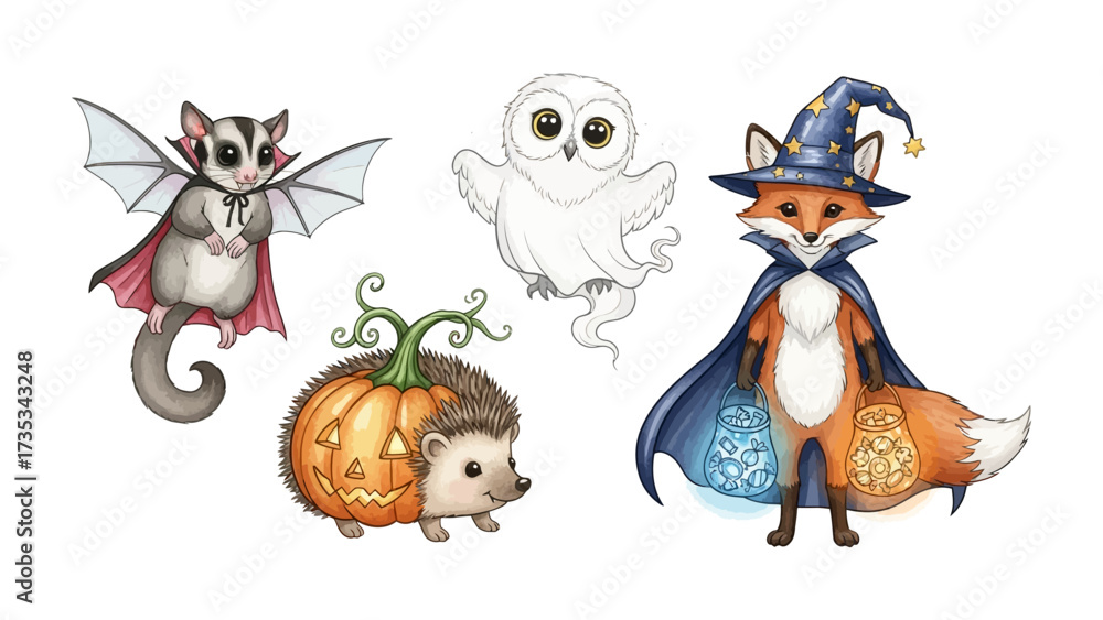 Naklejka premium Enchanted Halloween Menagerie: A charming gathering of whimsical creatures adorn a magical Halloween scene, evoking the spirit of spooky festivities and autumnal delight.