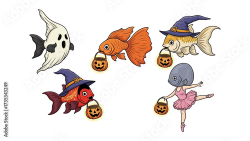 Halloween Fish Fantasy: A whimsical scene of Halloween-themed goldfish, with one adorned as a ghostly apparition and others in costumes like witches and a ballerina.