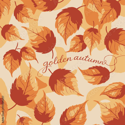 A beautiful seamless pattern featuring stylized autumn leaves in warm shades of orange and red with the text golden autumn elegantly scripted