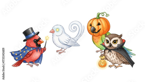 Halloween Birds: Playful cartoon illustration featuring a festive ensemble of birds in Halloween costumes. Capturing the whimsical spirit of Halloween.