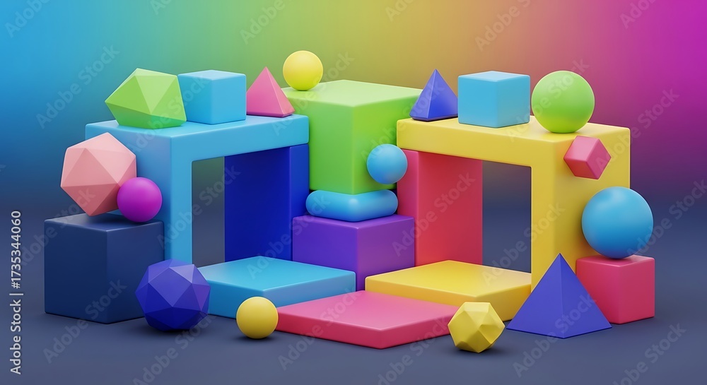 Obraz premium Dimensional Display: A Vibrant Composition of Geometric Shapes and Harmonious Color Palette