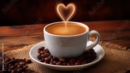 Cup of steamy coffee sitting on a wooden table with roasted beans, creating a heart-shaped steam above it, perfect for a cozy afternoon