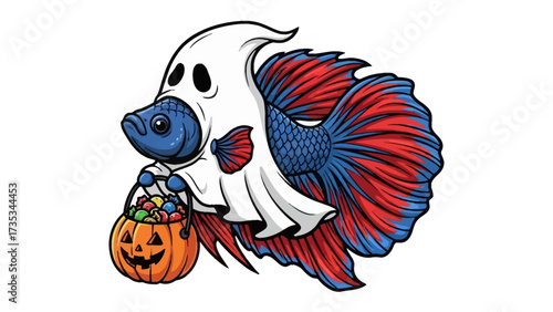 Spooky Betta Fish: A Betta fish, dressed as a ghost, holding a Jack-o'-lantern overflowing with colorful treats, floats through the festive Halloween atmosphere.