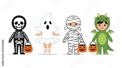 Costumes of All Hallows' Eve: Whimsical illustrations of children costumed as classic Halloween figures ready for festive celebration of tricks and treats.