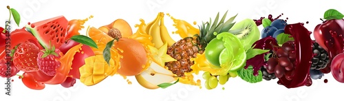 Vibrant rainbow of fresh vegetables and fruits splashing in water