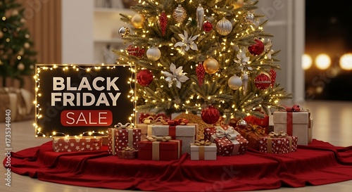 Black Friday sale sign illuminates gifts under a decorated Christmas tree.