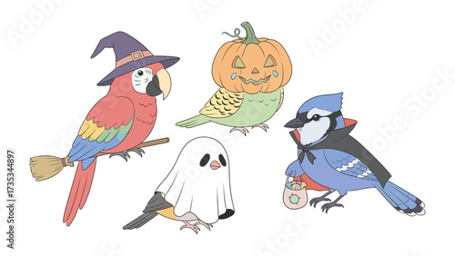 Halloween Birds: A whimsical illustration of five adorable birds, each dressed in unique Halloween costumes, perfect for adding a touch of festive cheer.