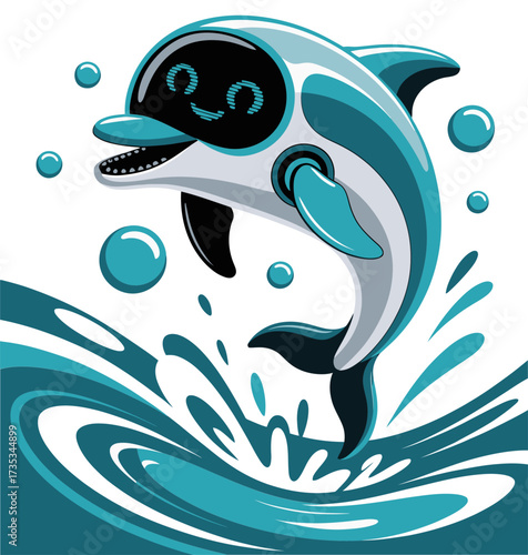 Happy dolphin splash, jumping through waves, smiling cyber mask style, ocean energy motion, fun aquatic vector illustration