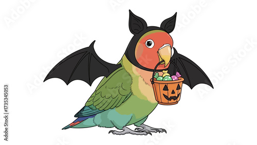 Spooky Bird: Adorable parrot adorned in a festive bat costume, embracing the spirit of Halloween, complete with a trick-or-treat bucket filled with candies.