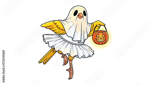 Spooky Canary at Halloween: An amusing cartoon depicting a canary, dressed as a ghost, holding a glowing jack-o'-lantern, dancing with joy. This cheerful.