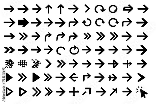 Large collection of black arrow icons. Set of vector symbols for direction, navigation, and user interface design. Includes hand-drawn, grunge, simple, and bold styles. Next, back, reload, cursor.