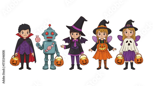 Halloween Costume Parade: A delightful lineup of children, each adorned in captivating costumes, proudly display their jack-o'-lantern treat buckets.