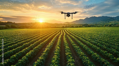 Drone flying over a vast green farm field with evenly spaced crops during sunrise with mountains in the background under a partly cloudy sky