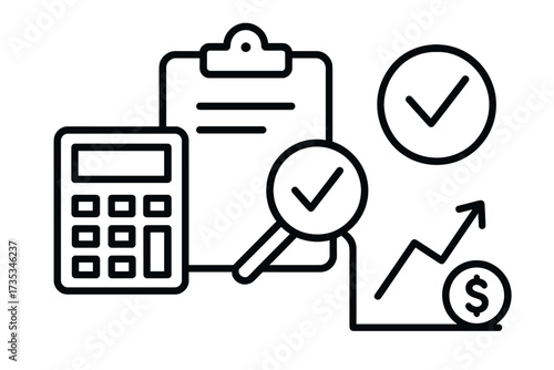 Financial audit assessment concept. Business investment analytics. Profit growth chart. Calculation, inspection, check mark. Quality control. Report, data analysis. Line icon set.