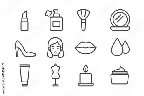 Beauty line icon set. Cosmetics, makeup, fashion, and salon vector symbols. Skincare, bodycare, spa, and beauty therapy outline pictograms for web. Isolated illustration.