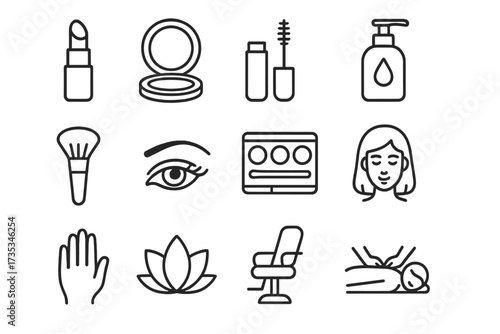 Beauty and spa line icon set. Cosmetics, makeup, fashion, salon, body care, and therapy vector collection. Skincare, massage, wellness linear symbols. Vector illustration.