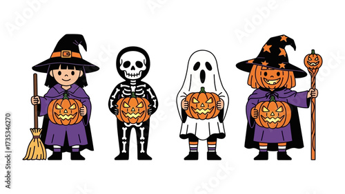 Halloween Costumes: A collection of whimsical figures, dressed as a witch, a skeleton, a ghost, and a pumpkin character, ready to celebrate a festive Halloween season. 