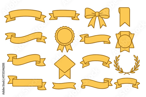 Gold banner ribbon vector set. Golden award ribbons, prize bow, and laurel wreath illustration. Empty retro scroll and label shapes for celebration, gift, or decorative design.