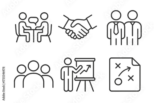 Business cooperation and partnership line icon set. Vector symbols for concepts like teamwork, meeting, presentation, strategic planning, audience, growth and agreement.