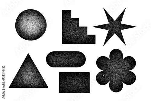 Set of brutalist abstract geometric shapes. Memphis design elements with grain texture. Retro vintage trendy basic forms for web. Star, flower, circle, triangle shapes.