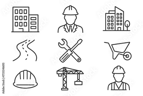 Construction line icon set. Building, engineer, architect and industry symbols. Road work, repair tools, equipment, safety helmet, crane, builder vector illustration collection.