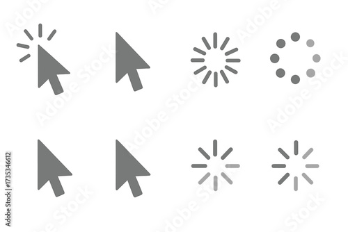 Computer mouse cursor icon set. Arrow pointer, click and loading symbols collection. Vector illustration for web design, UI, UX. Digital interface elements. Wait, select, press.