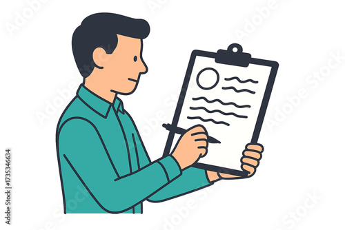Complaint concept, claim petition. Man holding clipboard, writing on a form. Customer filling a document, signing an application or statement. Flat design vector illustration.