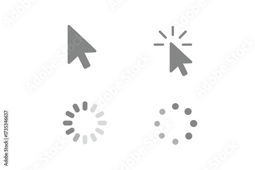 Computer mouse click cursor gray arrow icons set and loading symbol collection. Pointer and waiting circle for web design user interface. Click and buffering progress elements.