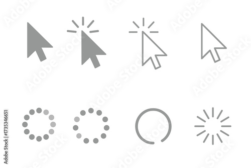 Computer mouse click cursor, pointer arrow icons and loading spinner icon set. Vector collection of web pointers, click effect, wait, buffer, processing symbols for UI, UX.