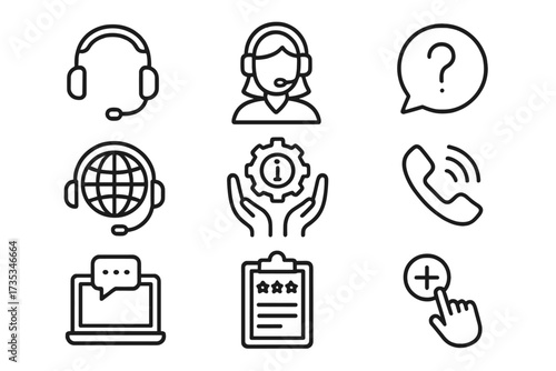 Customer service web icon set. Contact us line icons. Support, help, feedback, assistance signs. Call center, online chat, operator, FAQ, rating, and technical help symbols.