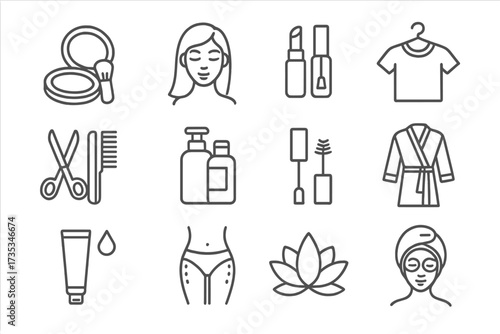 Cosmetology web icons in line style. Cosmetics, makeup, fashion, salon, bodycare, beauty therapy collection. Vector illustration of spa, wellness, skincare, and hairdresser.