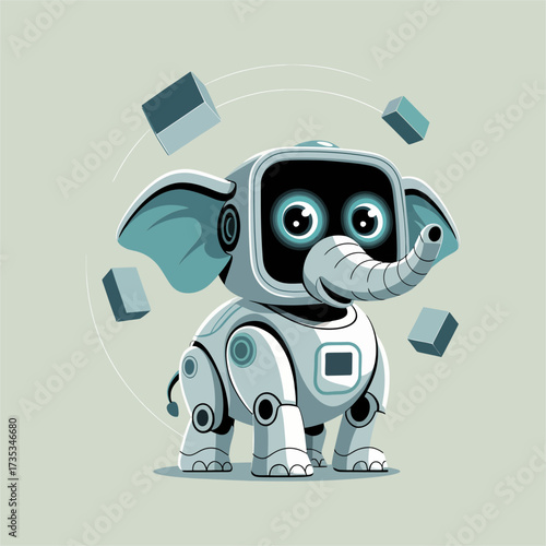smiling cyber elephant, shiny panels, glowing eyes, futuristic pet concept, cute friendly robot animal, technology mascot vector
