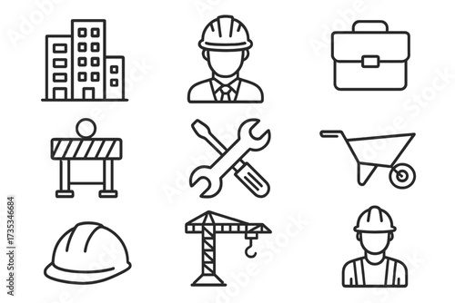 Construction line icon set. Building, engineering and industry symbols. Vector collection with crane, builder, engineer, helmet, repair tools, road work and business elements.