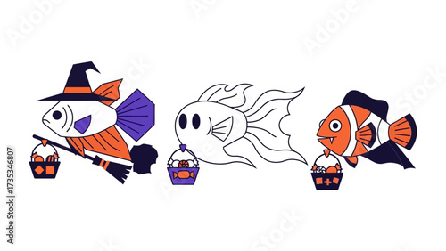 Halloween Fish Illustration: Three fish illustrations each uniquely dressed for Halloween. A witch, a ghost, and a vampire, each carrying a festive treat, rendered in a flat, cartoonish style. 