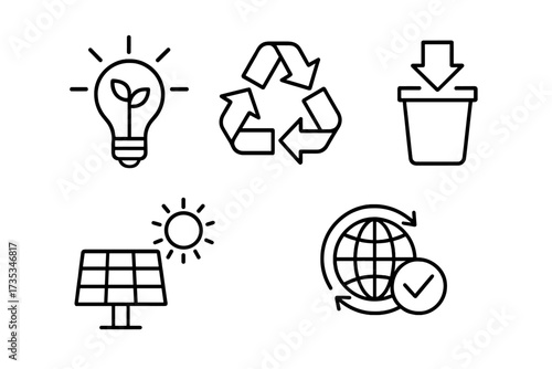 Energy management line icons. Sustainable development, recycling, waste reduction, green energy, climate stability. Solar panel, eco friendly power. Global ecology vector set.