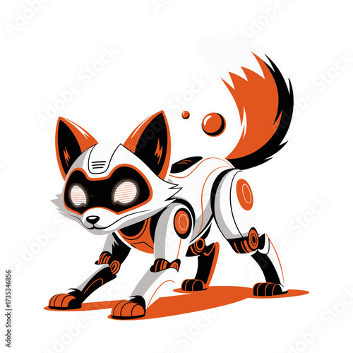 sleek robot fox crouching, cyber joints, expressive ears, agile stance, patrol mode character, modern mechanical animal, vector
