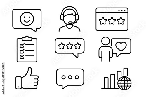 Feedback and testimonial web icon set in line style. Customer support, rating, website review, and user experience symbols. Client satisfaction, like, and comment collection.