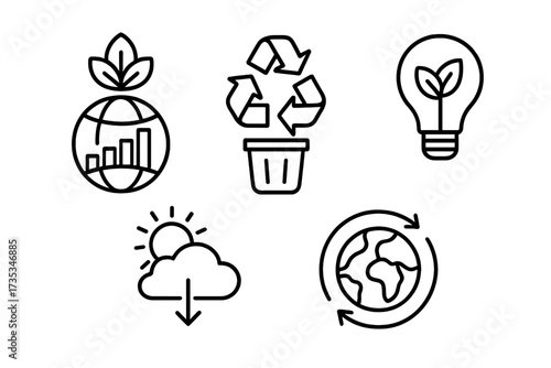Energy management and ecology line icon set. Sustainable development, recycling bin, waste reduction, green energy bulb, and climate stability. Vector icons for web and business.
