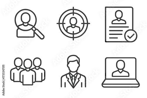 Headhunting and recruitment line icon set. Human resources concepts for job hiring, career, and resume searching. Icons for candidate, work group, and talent acquisition.