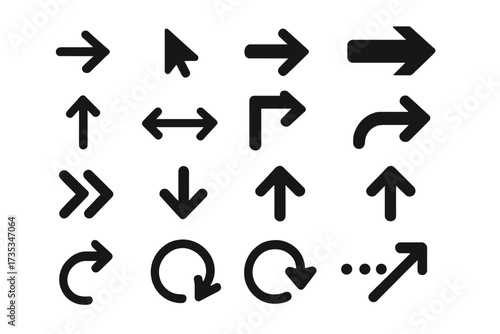 Large collection of black arrow vector icons. Set of modern simple cursors and pointers for web design, UI. Navigation, direction, and refresh symbols. Infographic element.