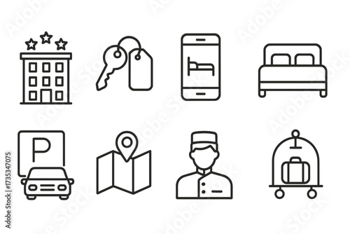 Hotel and travel service icon set. Vector line art collection for web and mobile. Includes rental, reservation, online booking, room key, parking, location, bellboy, and luggage.