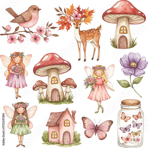 Enchanted forest elements fairies deer mushrooms and nature objects