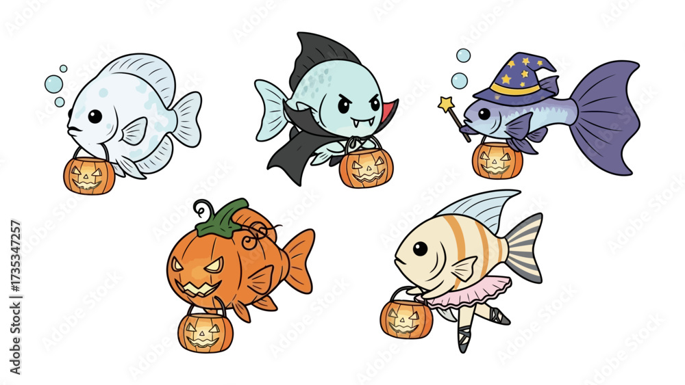 Fototapeta premium Halloween Fishes: Playful cartoon fishes dressed in costumes, each carrying a jack-o'-lantern bucket for trick-or-treating, in a creative holiday scene.
