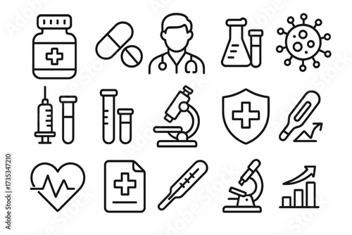 Medical and healthcare web icons in thin line style. Medicine, RX, doctor, virus, testing, lab, scientific discovery, vaccine, heartbeat, infographic collection. Vector.