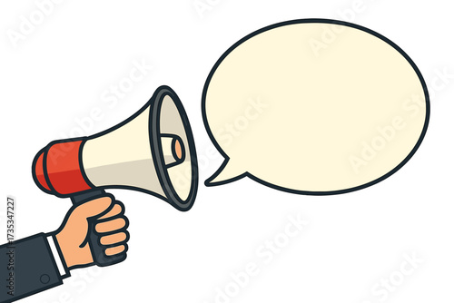 Hand holding megaphone with speech bubble. Loudspeaker for business, marketing, and advertising. Announcement, alert, and promotion concept. Communication and message icon vector.