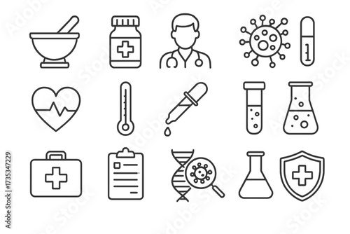 Medical & healthcare thin line icon set. Vector collection of medicine, doctor, virus, lab, DNA research, cardiology, pharmacy & RX symbols for web design & infographic.