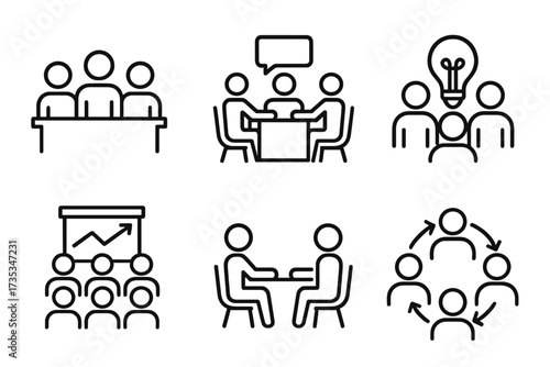 Meeting web icon set in line style. Conference, team, brainstorm, seminar, interview collection. Business teamwork, collaboration, presentation and communication pictograms.